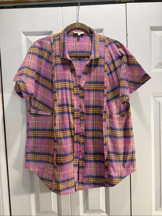 easel Tops - easel Pink Plaid Short Sleeve Button-Down Shirt with Yellow & Blue Accents